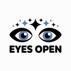 Obraz premium Vibrant blue eyes wide open with sparkling stars above representing awareness and clarity text reads eyes open