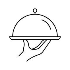 Food serving tray with hand holding cloche dome restaurant service hospitality meal icon vector illustration for catering, hotel concept.