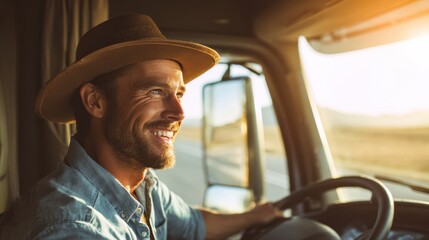 The smiling truck driver enjoying a scenic journey on the open road.