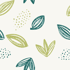 Seamless Hand-Drawn Floral and Leaf Pattern in Crayon Style