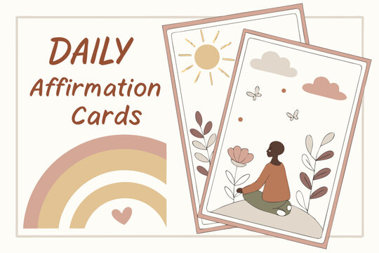 Daily affirmation cards with boho rainbow and meditating figure
