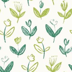 Seamless Hand-Drawn Floral and Leaf Pattern in Crayon Style