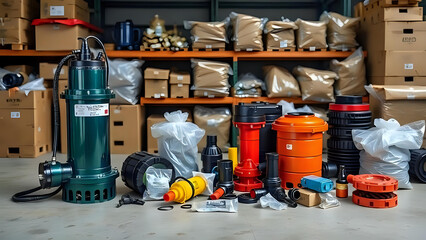 Submersible pumps and plumbing components are arranged on a concrete floor in a warehouse ready for use