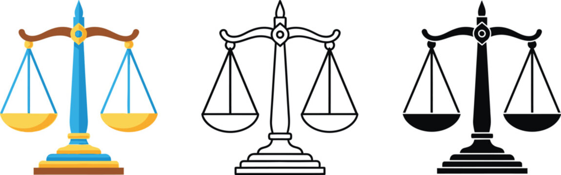 Vector scales of justice law and order legal system balance icon set illustration