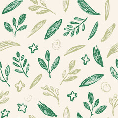 Seamless Hand-Drawn Floral and Leaf Pattern in Crayon Style