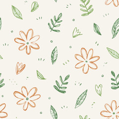 Naklejka premium Seamless Hand-Drawn Floral and Leaf Pattern in Crayon Style