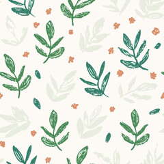 Seamless Hand-Drawn Floral and Leaf Pattern in Crayon Style