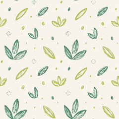 Seamless Hand-Drawn Floral and Leaf Pattern in Crayon Style