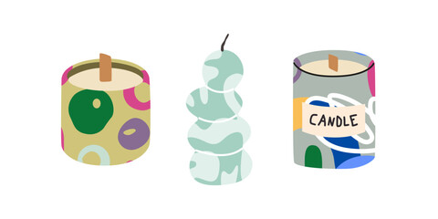 Cozy hygge scented candles stickers in retro cartoon style. Vintage wax candles in modern containers for room decor, poster, badges, labels. Aromatherapy concept. Doodle groovy vector candle shapes