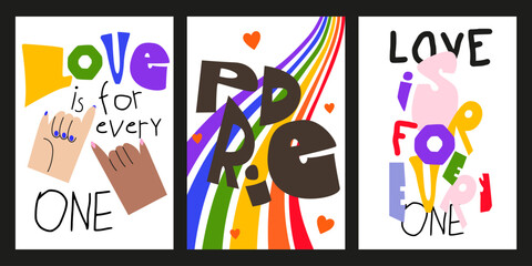 Pride Month. Modern LGBT cartoon groovy poster set in retro 90s style. Vector illustration for web banner, LGBT events, greeting card, invitation, postcard, flyer, social media