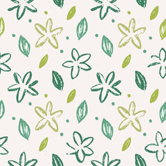 Seamless Hand-Drawn Floral and Leaf Pattern in Crayon Style