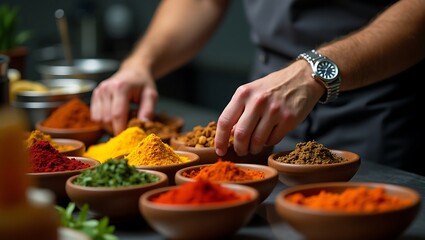 Chef selecting spices in a professional kitchen.