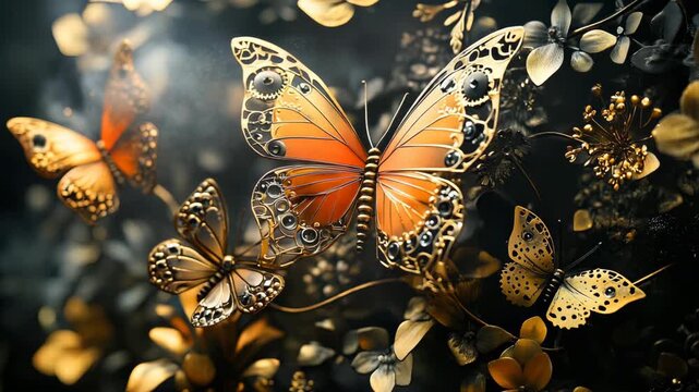 Steampunk Butterflies on Floral Background