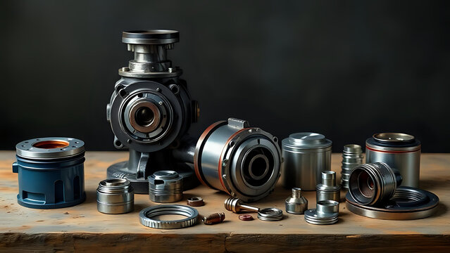 Collection of industrial pump parts and components arranged on a wooden surface