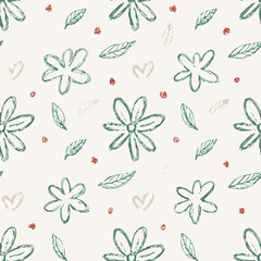 Seamless Hand-Drawn Floral and Leaf Pattern in Crayon Style
