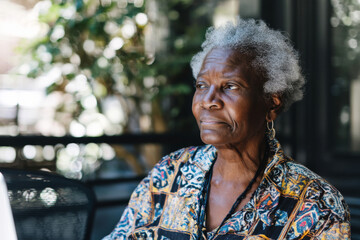 An elderly Black woman creates legacy impact reports for stakeholders, compiling stories, financials, and testimonials from years of
