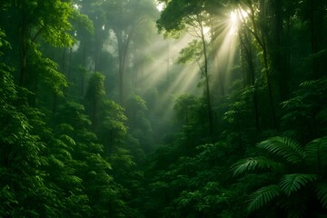 Lush Canopy: Sunbeams pierce through a dense, verdant rainforest, illuminating the vibrant greenery of leaves and foliage to create a serene landscape
