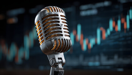 Retro glowing microphone with blue stock market chart background. Podcast audio recording radio report concept.