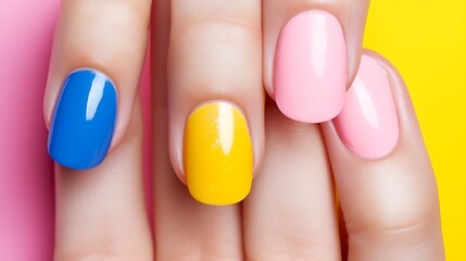 Light shimmer pink polish on half the nails, with bright blue matte on others, posed against buttercream yellow background full frame .