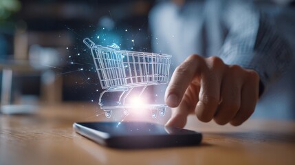 The digital shopping experience with a virtual cart on a smartphone screen.