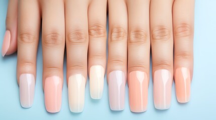 Long acrylic nails in split pastel pink and baby blue color, hand resting gently on a peach silk background full frame .