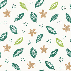 Seamless Hand-Drawn Floral and Leaf Pattern in Crayon Style