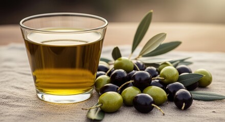 Glass cup of extra virgin olive oil next to freshly picked olives on natural linen cloth