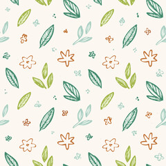 Seamless Hand-Drawn Floral and Leaf Pattern in Crayon Style