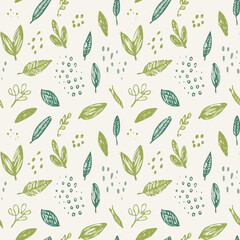 Seamless Hand-Drawn Floral and Leaf Pattern in Crayon Style