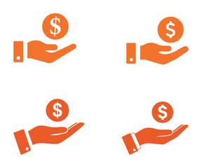 Investment Icon Set – Orange Vector Hands Holding Dollar Coins for Finance and Banking Concepts