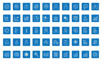 Covid-19 Medical and Healthcare Line Icons &ndash; Editable Stroke, Flat Blue Style Vector Set