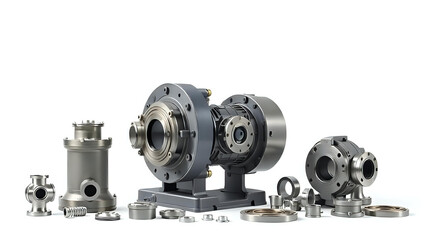 Fototapeta premium Assortment of industrial metal gears and mechanical components displayed against a clean white background