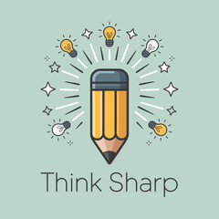 A bright yellow pencil with a sharp point is surrounded by glowing light bulbs and stars symbolizing creativity and new ideas