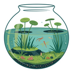 Underwater plant life with small fish in a clear bowl illustration