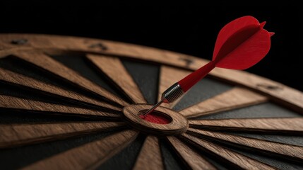 The dart striking the bullseye on a classic dartboard.