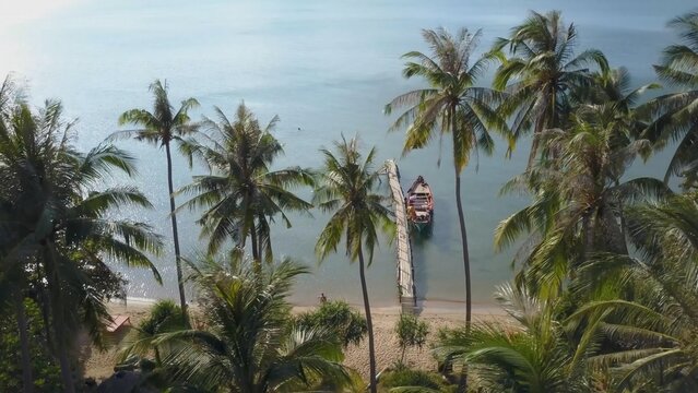 Explore the stunning aerial views of Koh Tonsay Island in Cambodia at sunrise, showcasing serene waters, palm trees, and a tranquil atmosphere perfect for relaxation.