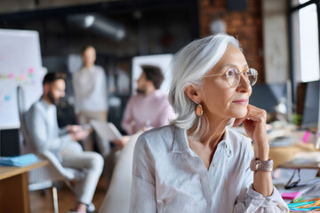 An elderly Hispanic woman listens to colleagues discuss workplace flexibility trends, offering perspective from decades of experience while supporting modern hybrid work structures