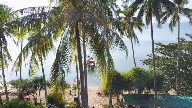 Experience breathtaking aerial views of Koh Tonsay in Cambodia, showcasing tranquil beaches, tropical palms, and a peaceful sunrise over the water.
