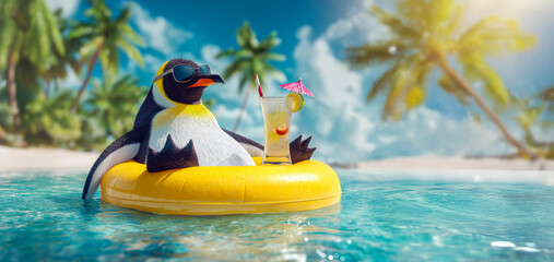 Penguin enjoying a relaxing day on a float in tropical waters with palm trees and clear blue skies