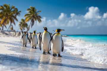 Obraz premium Penguins walk along a serene beach with palm trees under a bright blue sky near calm turquoise waters in a tropical setting