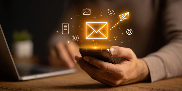 Digital marketer using email marketing tools on laptop and smartphone, sending newsletters and analyzing campaign performance to engage subscribers and grow business through personalized content