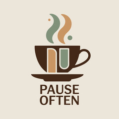 A stylized coffee cup logo with steam rising featuring the brand name nu and the tagline pause often in a warm inviting color palette