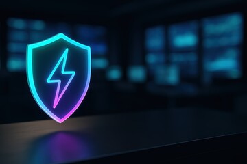 Colorful shield with lightning symbol representing security, cyber protection, and energy safety in tech environments