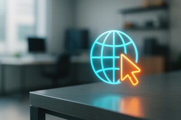 Neon globe icon with cursor in office, symbolizing global connectivity and digital navigation tools