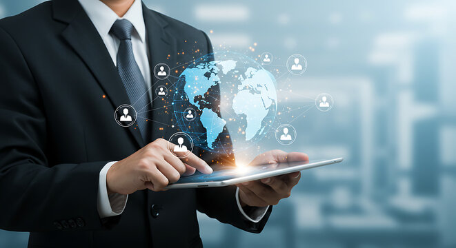 Businessperson Touching Tech - related Icons on Tablet Interface