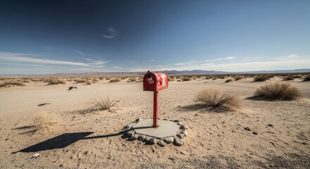Old metal mailbox standing alone in a vast desert under a blue sky with scattered clouds. A surreal and isolated scene with mountains in the distance