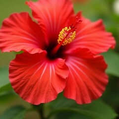 red hibiscus, hibiscus flower, close-up flower, tropical flower, green background, blooming hibiscus, vibrant flower, red petals, exotic plant, flower macro, floral close-up, hibiscus bloom, nature fl