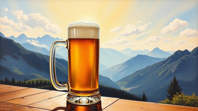 Bierkrug mit Schaumkrone auf Holztisch, vor malerischer Berglandschaft in der Sonne &ndash; alpenl&auml;ndisch, urig und einladend.