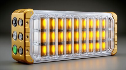 Gold-toned, clear-plastic battery case, glowing cells