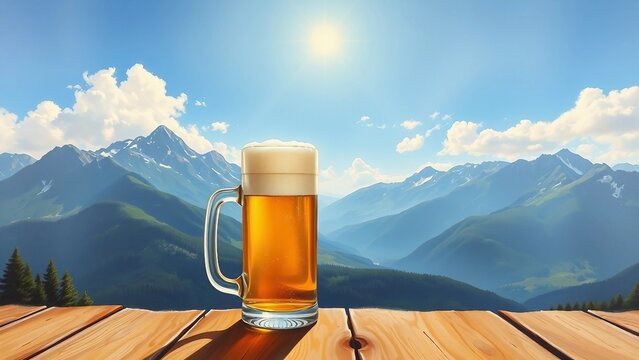 Bierkrug mit Schaumkrone auf Holztisch, vor malerischer Berglandschaft in der Sonne &ndash; alpenl&auml;ndisch, urig und einladend.